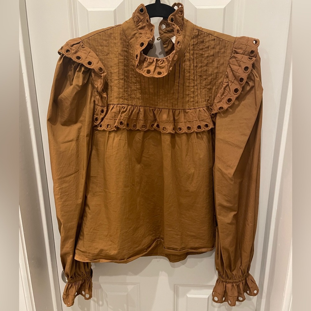 Stellah Tan Ruffled Blouse with Eyelet Details